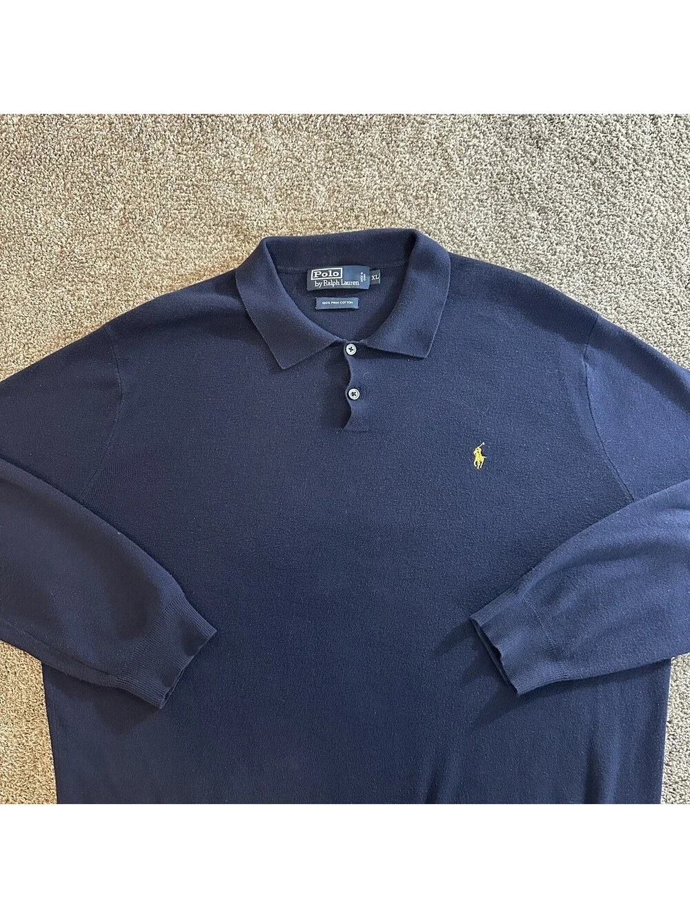 Polo Ralph Lauren Long Sleeve Polo Shirt XL Blue Pima Cotton Yellow Pony Logo